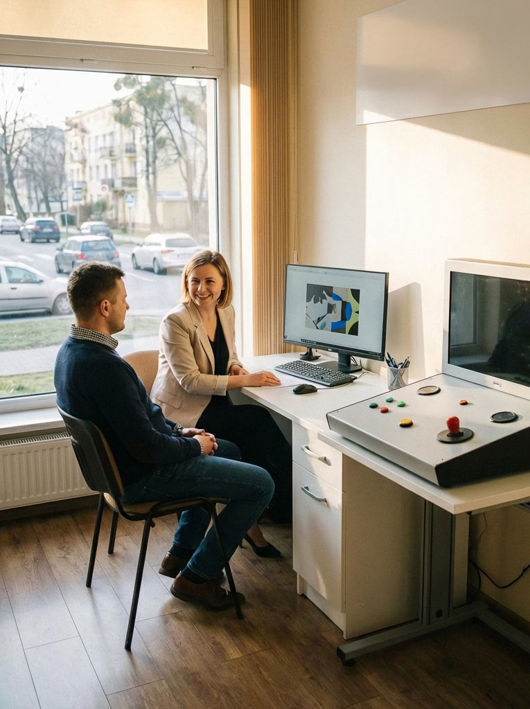 Psychotesty Krosno – psycholog przeprowadza badanie psychologiczne mężczyzny w gabinecie w Krośnie, wykorzystując komputer i specjalistyczną aparaturę testową