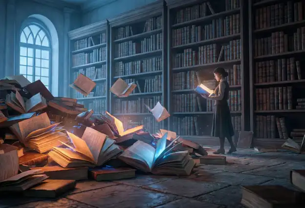 Różnica między traumą a wspomnieniem - metafora biblioteki umysłu. Rozrzucone książki symbolizujące nieprzepracowaną traumę.