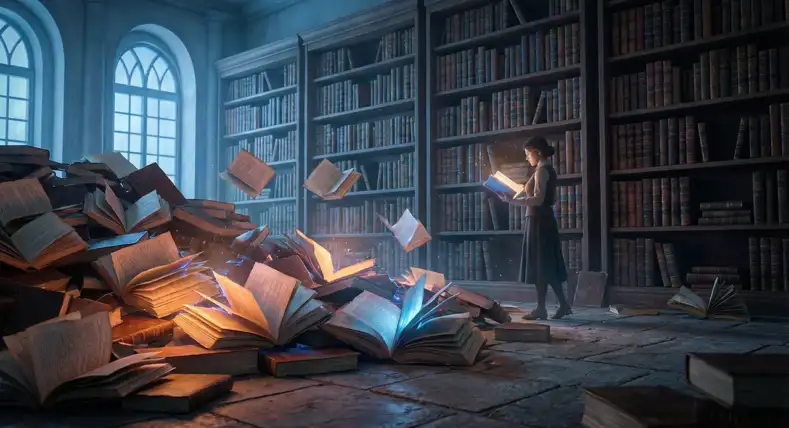 Różnica między traumą a wspomnieniem - metafora biblioteki umysłu. Rozrzucone książki symbolizujące nieprzepracowaną traumę.