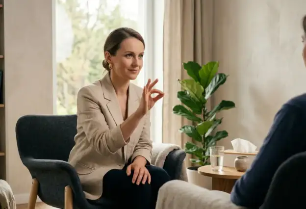 Psycholog i psychotraumatolog Agata Socha podczas sesji terapeutycznej w gabinecie w Krośnie – wsparcie w leczeniu lęku i traumy metodą EMDR.