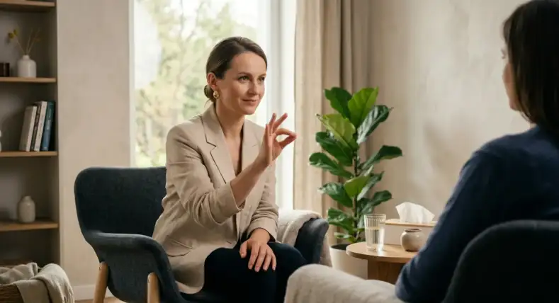 Psycholog i psychotraumatolog Agata Socha podczas sesji terapeutycznej w gabinecie w Krośnie – wsparcie w leczeniu lęku i traumy metodą EMDR.