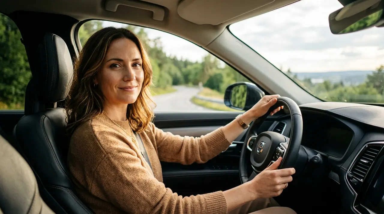 Zadowolona pacjentka za kierownicą po terapii lęku przed jazdą – psycholog Krosno pomaga odzyskać pewność siebie na drodze.