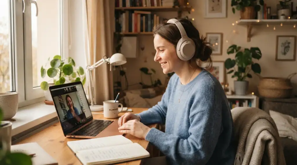 Kobieta prowadzi sesję terapii EMDR online z laptopa w przytulnym domowym wnętrzu