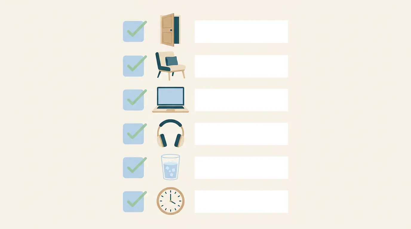 Lista kontrolna przygotowania do sesji EMDR online – pokój, krzesło, sprzęt, słuchawki i czas po sesji