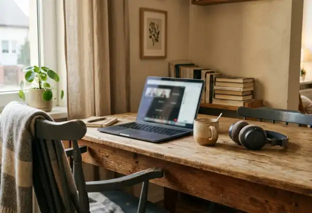 Przygotowane do sesji EMDR online miejsce w domu – laptop na stole, słuchawki i wygodne krzesło