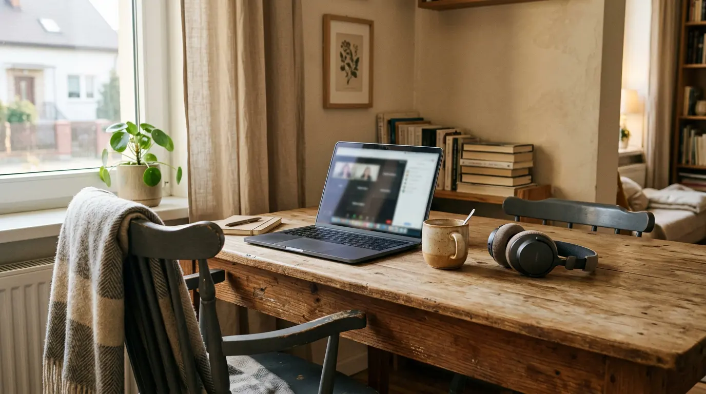 Przygotowane do sesji EMDR online miejsce w domu – laptop na stole, słuchawki i wygodne krzesło