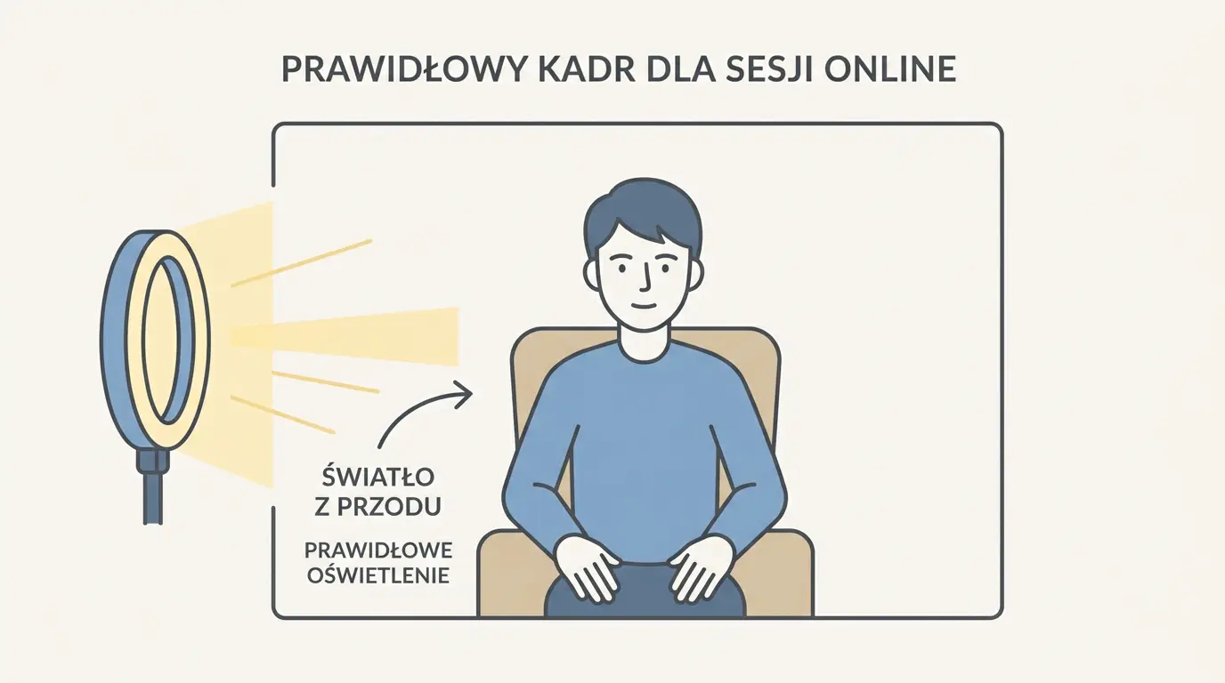 Schemat prawidłowego kadru kamery do sesji EMDR online – widoczna głowa, tułów i dłonie